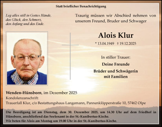 Traueranzeige von Alois Klur von HASK