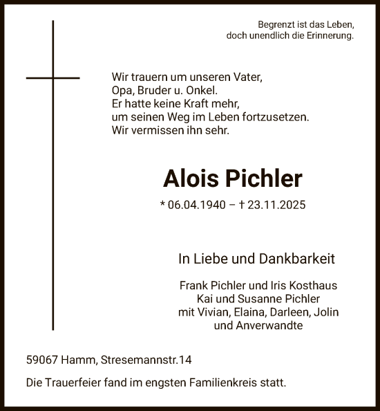 Traueranzeige von Alois Pichler von HAWA