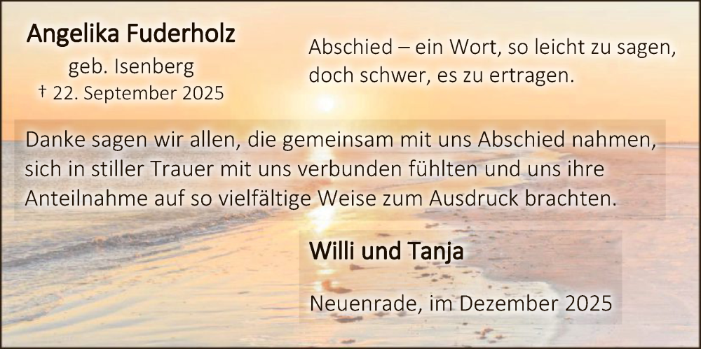  Traueranzeige für Angelika Fuderholz vom 06.12.2025 aus HALN