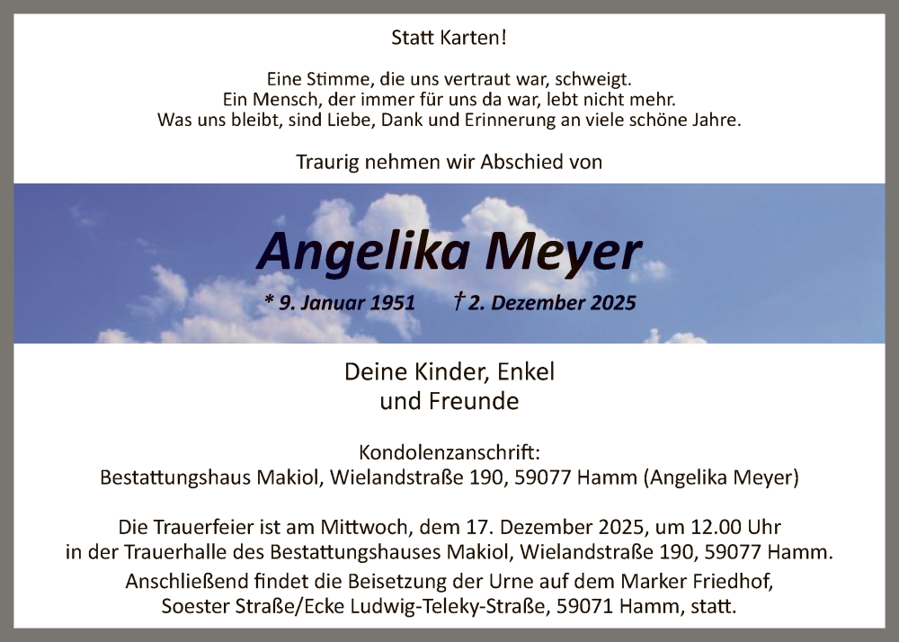  Traueranzeige für Angelika Meyer vom 06.12.2025 aus HAWA