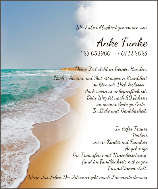 Traueranzeige von Anke Funke von HALN