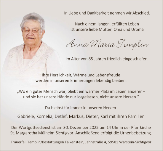Traueranzeige von Anna Maria Templin von HASO