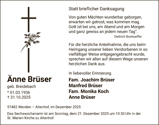 Traueranzeige von Anne Brüser von HASK