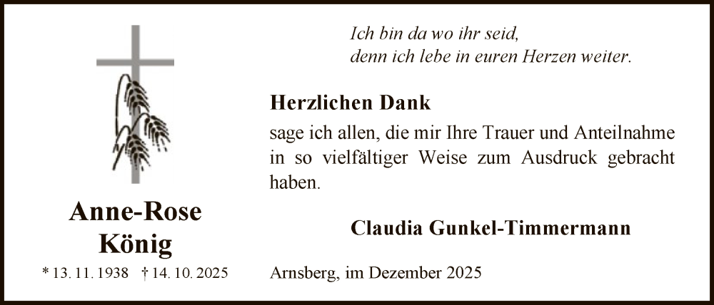  Traueranzeige für Anne-Rose König vom 13.12.2025 aus HASK