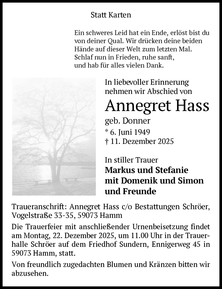 Traueranzeige für Annegret Hass vom 17.12.2025 aus HAWA