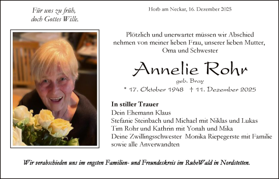 Traueranzeige von Annelie Rohr von HALN