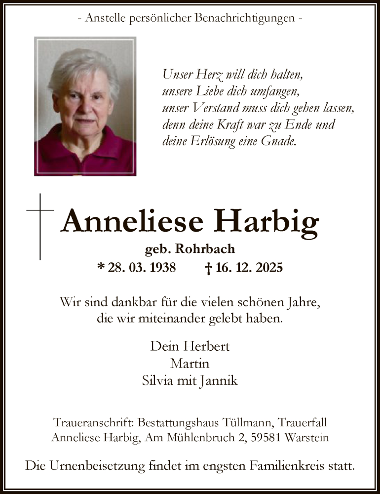  Traueranzeige für Anneliese Harbig vom 27.12.2025 aus HASO