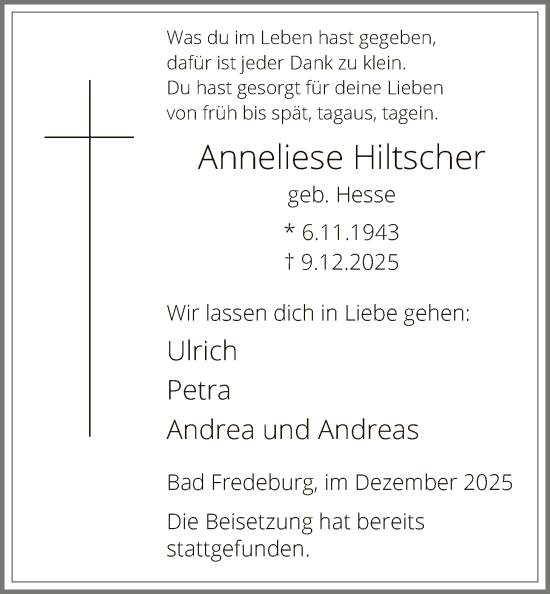Traueranzeige von Anneliese Hiltscher von HASK