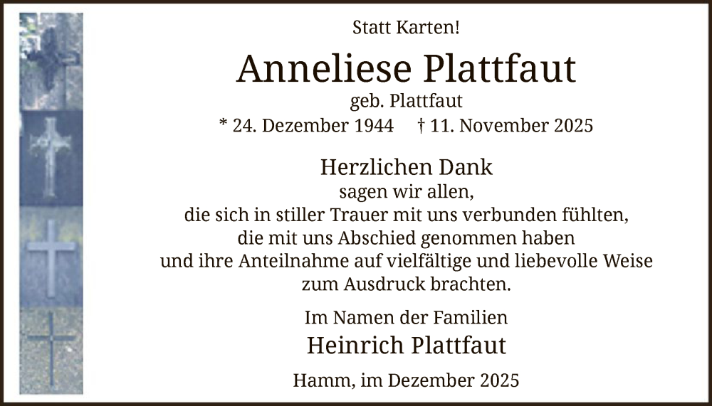  Traueranzeige für Anneliese Plattfaut vom 20.12.2025 aus HAWA
