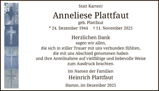 Traueranzeige von Anneliese Plattfaut von HAWA