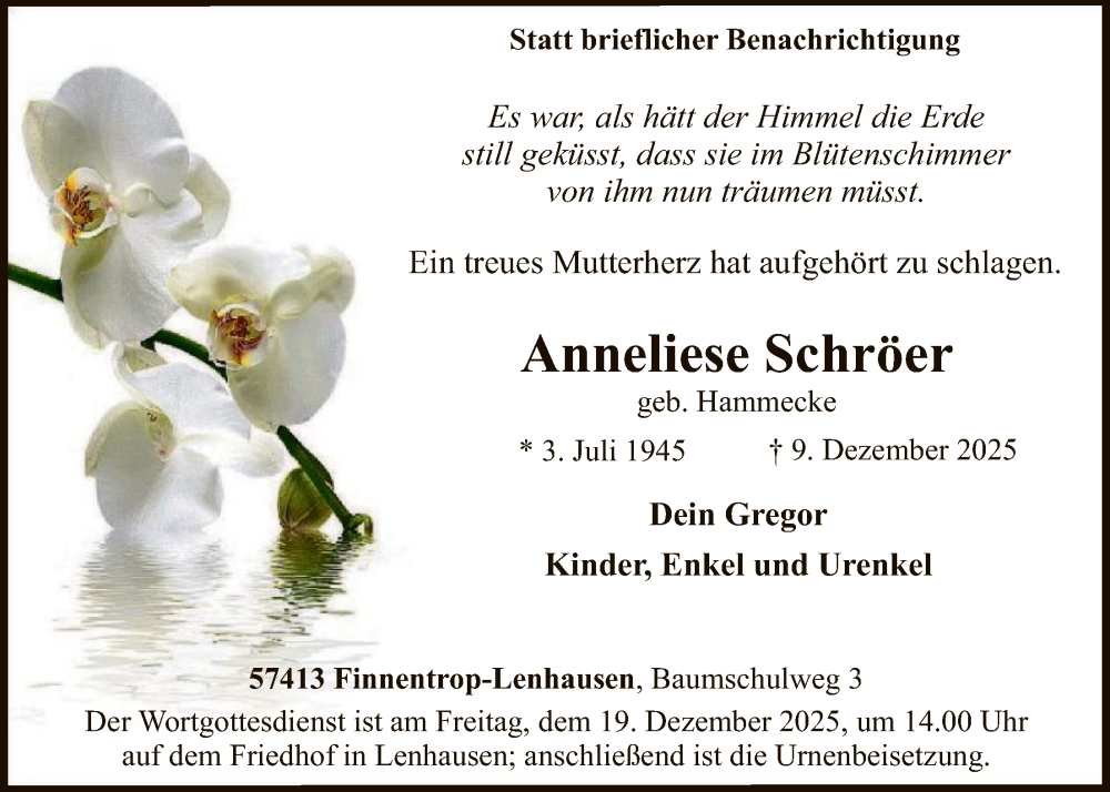  Traueranzeige für Anneliese Schröer vom 13.12.2025 aus HASK
