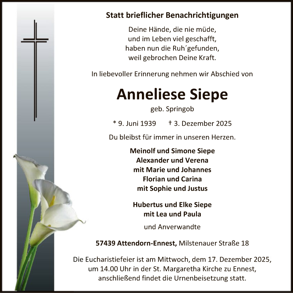  Traueranzeige für Anneliese Siepe vom 13.12.2025 aus HASKHALN