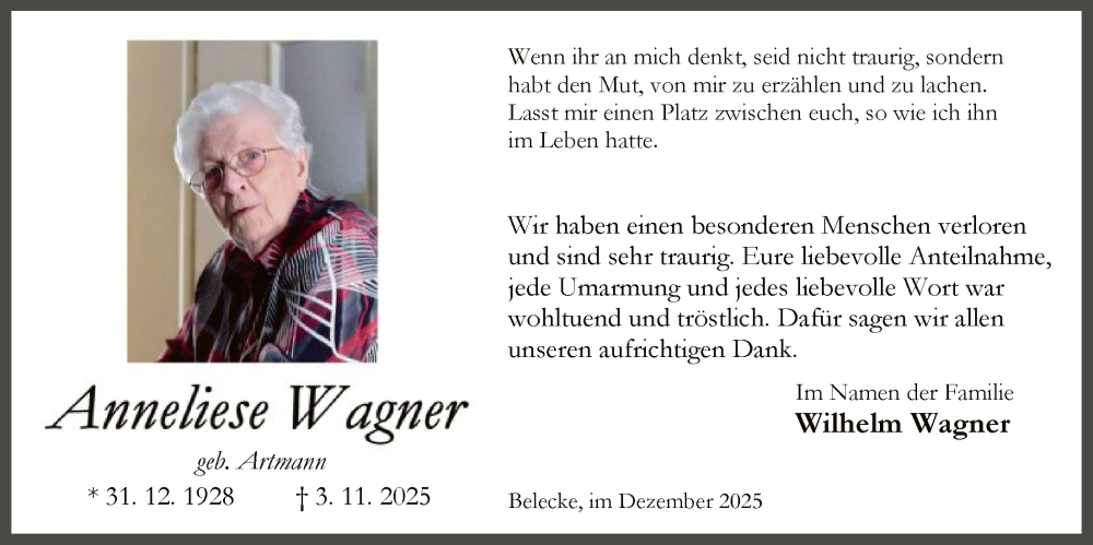  Traueranzeige für Anneliese Wagner vom 20.12.2025 aus HASO