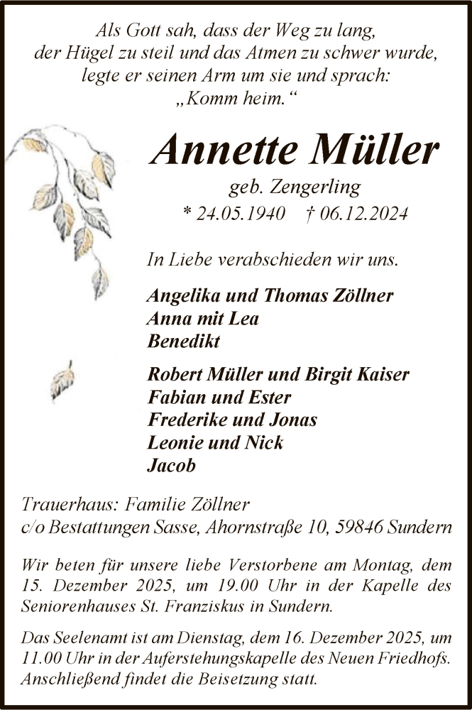  Traueranzeige für Annette Müller vom 13.12.2025 aus HASK