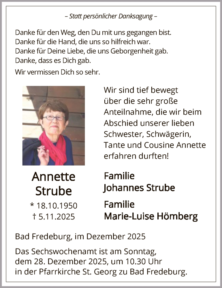  Traueranzeige für Annette Strube vom 20.12.2025 aus HASK