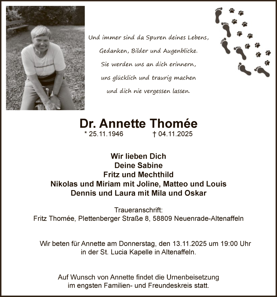  Traueranzeige für Annette Thomée vom 11.11.2025 aus HALN