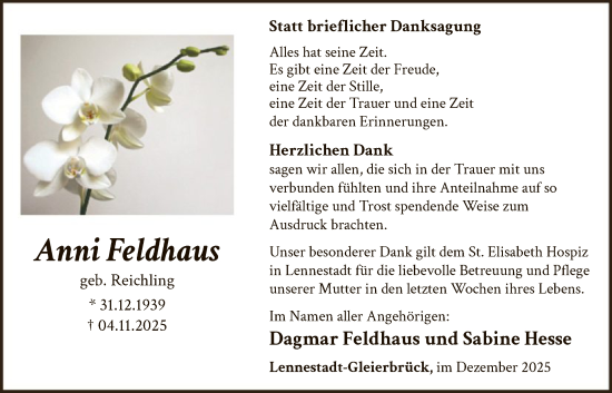 Traueranzeige von Anni Feldhaus von HASK