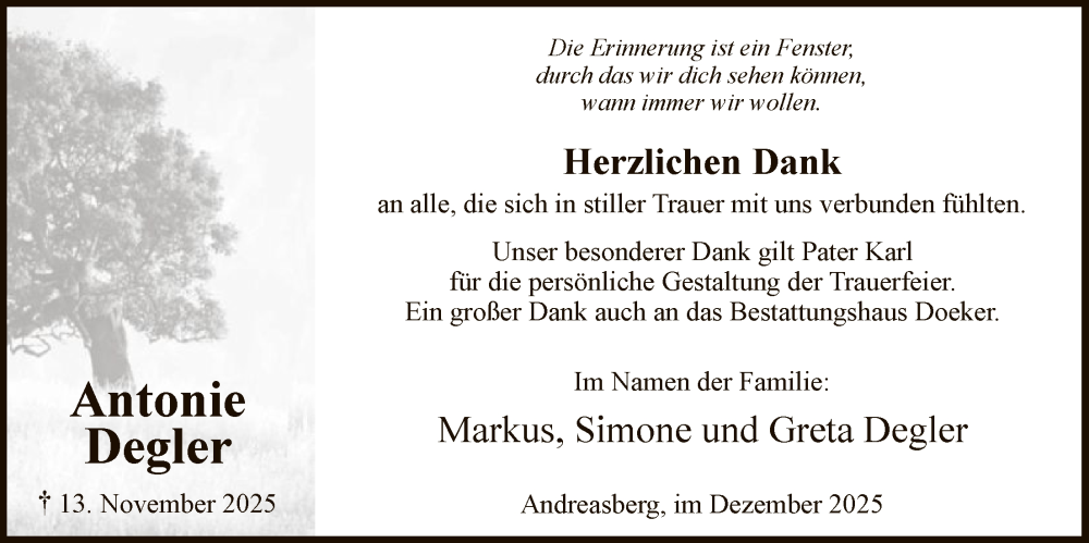  Traueranzeige für Antonie Degler vom 20.12.2025 aus HASK