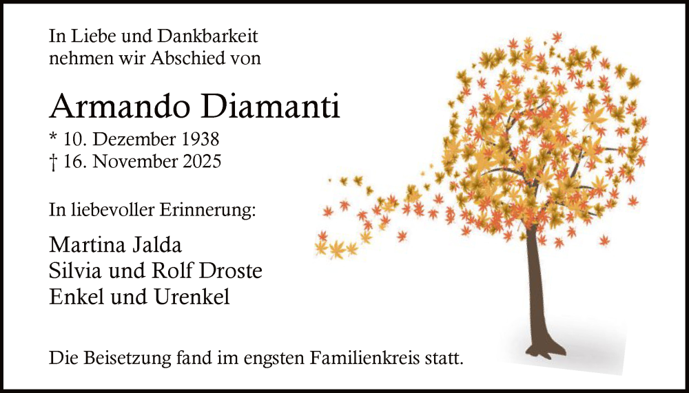  Traueranzeige für Armando Diamanti vom 06.12.2025 aus HALN