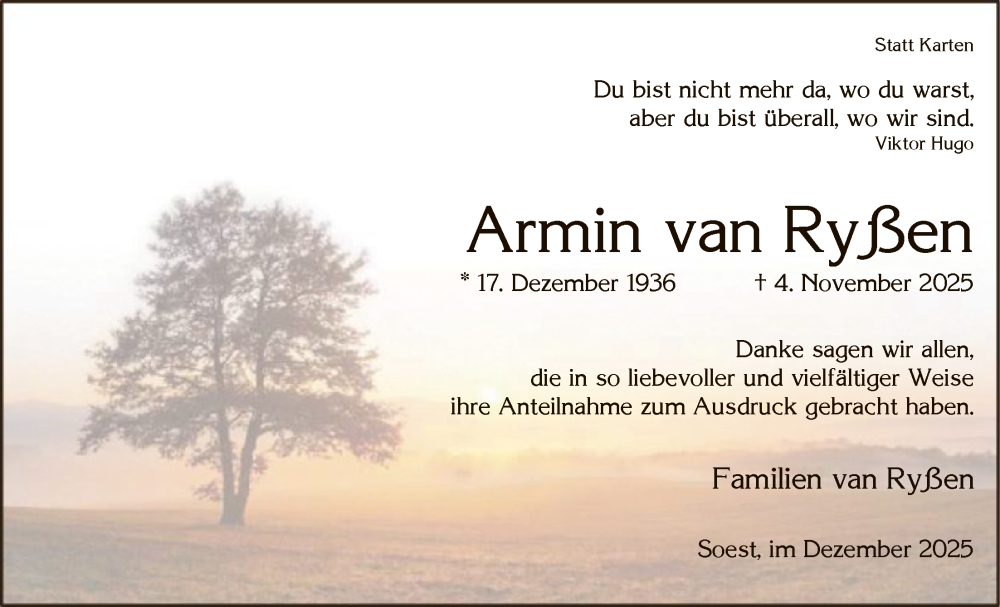  Traueranzeige für Armin van Ryßen vom 20.12.2025 aus HASO