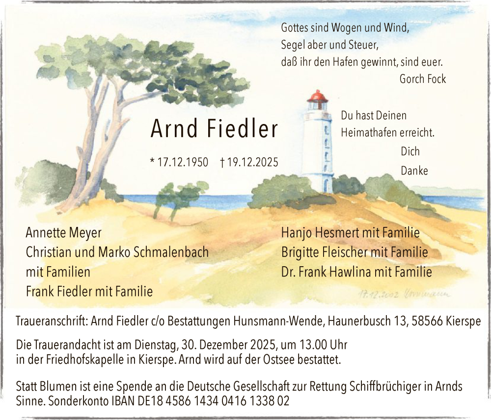  Traueranzeige für Arnd Fiedler vom 24.12.2025 aus HALN