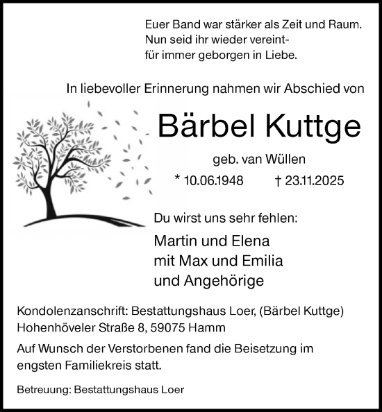 Traueranzeige von Bärbel Kuttge von HAWA