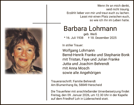 Traueranzeige von Barbara Lohmann von HALN