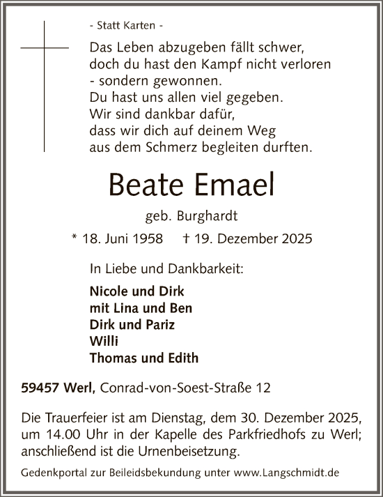 Traueranzeige von Beate Emael von HASO