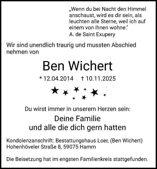 Traueranzeige von Ben Wichert von HAWA
