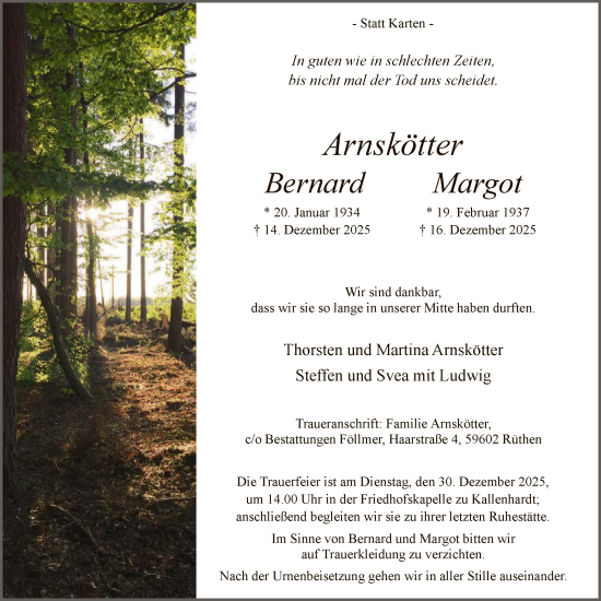 Traueranzeige von Bernard und Margot Arnskötter von HASO
