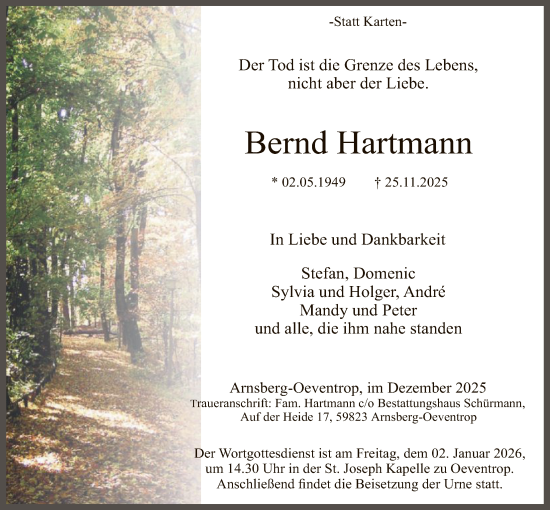 Traueranzeige von Bernd Hartmann von HASK