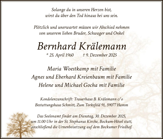 Traueranzeige von Bernhard Krälemann von HAWA