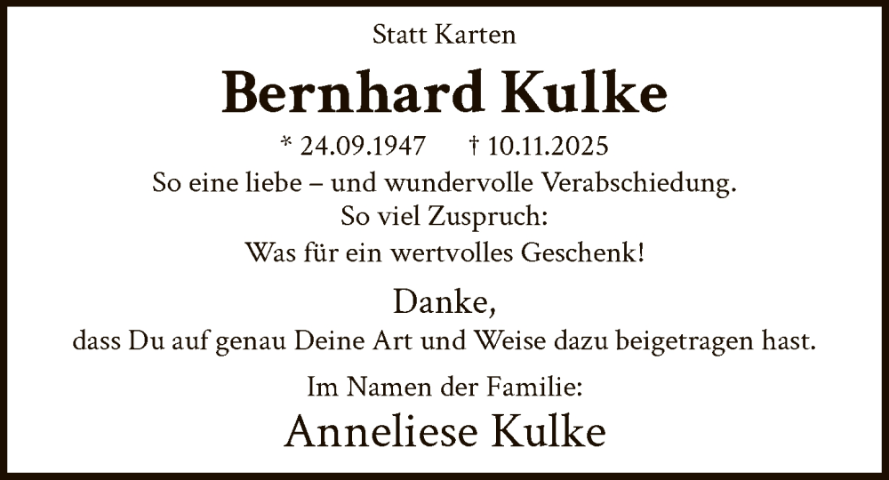  Traueranzeige für Bernhard Kulke vom 20.12.2025 aus HAWA