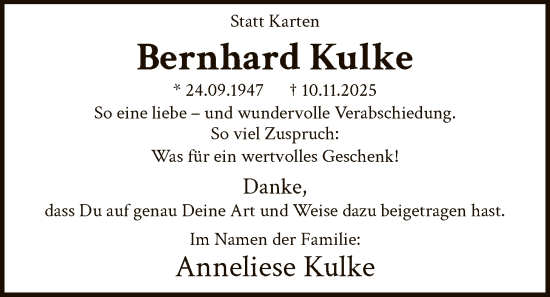 Traueranzeige von Bernhard Kulke von HAWA