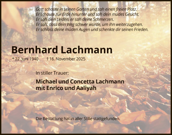 Traueranzeige von Bernhard Lachmann von HALN