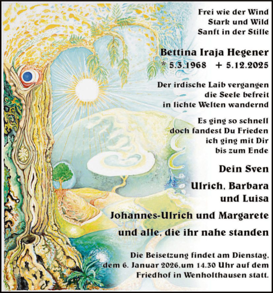 Traueranzeige von Bettina Iraja Hegener von HASK