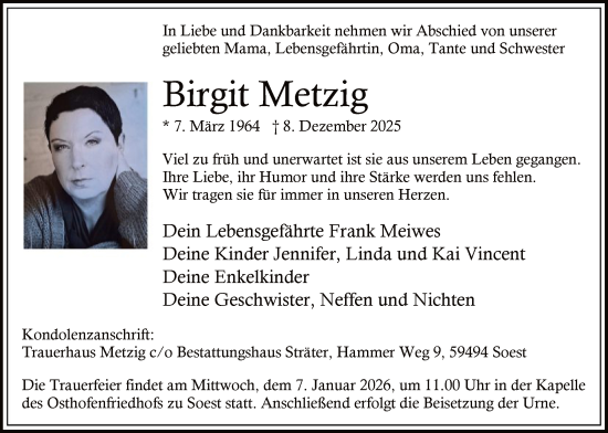 Traueranzeige von Birgit Metzig von HASO