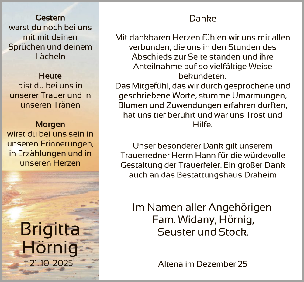  Traueranzeige für Brigitta Hörnig vom 20.12.2025 aus HALN