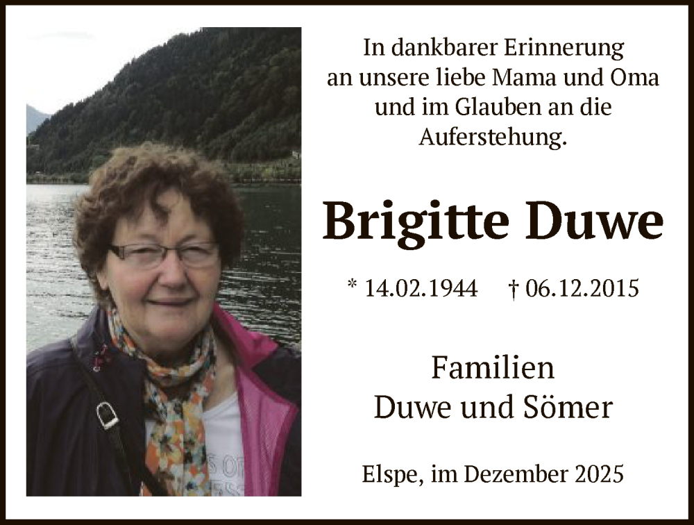  Traueranzeige für Brigitte Duwe vom 06.12.2025 aus HASK
