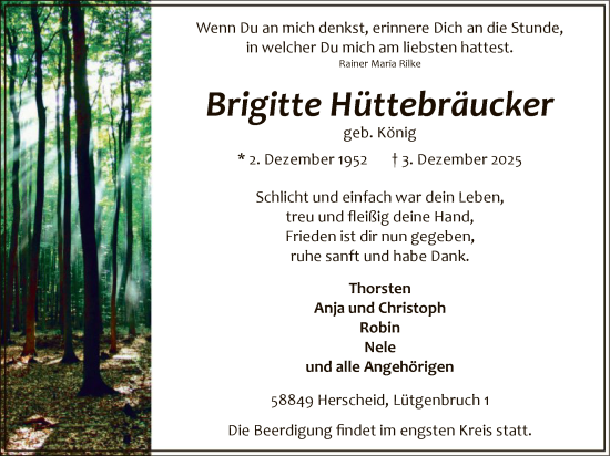 Traueranzeige von Brigitte Hüttebräucker von HALN