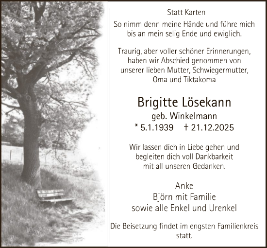 Traueranzeige von Brigitte Lösekann von HALN