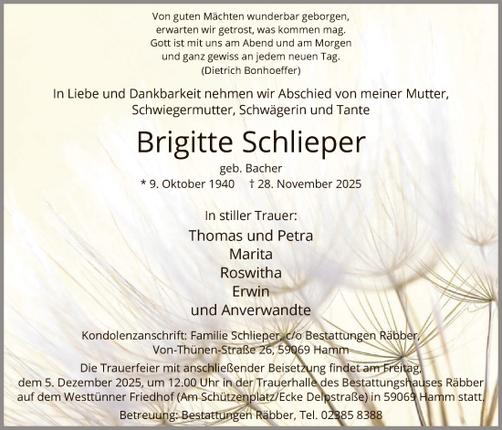 Traueranzeige von Brigitte Schlieper von HAWA