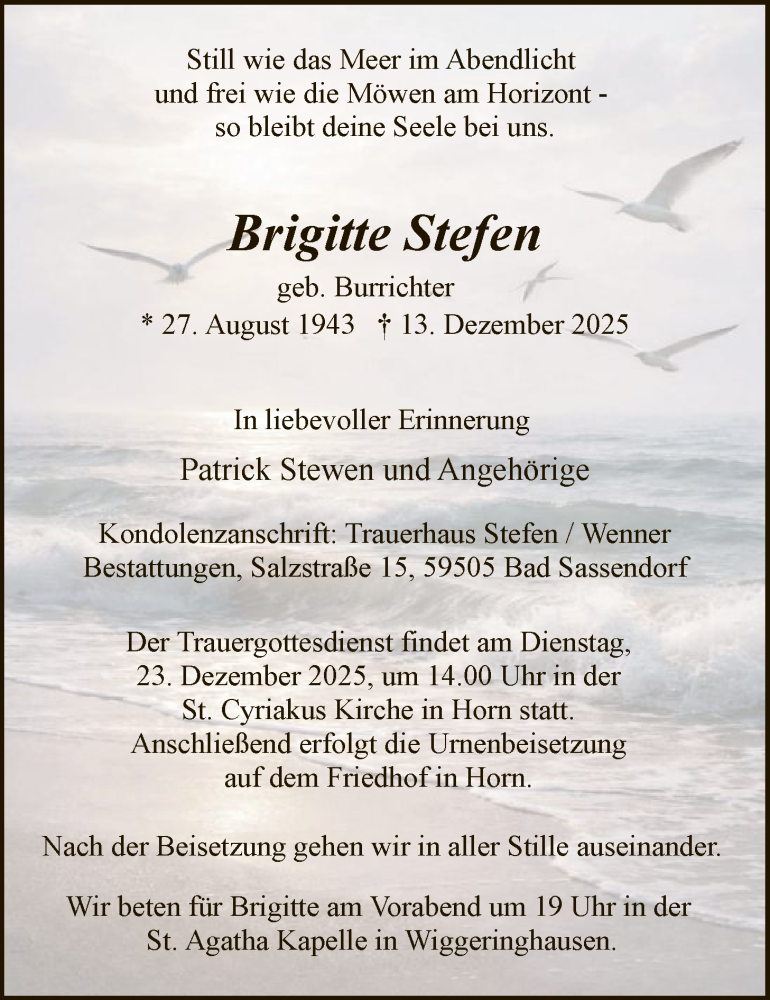 Traueranzeige für Brigitte Stefen vom 20.12.2025 aus HAWA