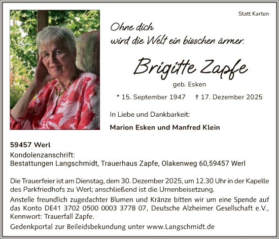 Traueranzeige von Brigitte Zapfe von HASO