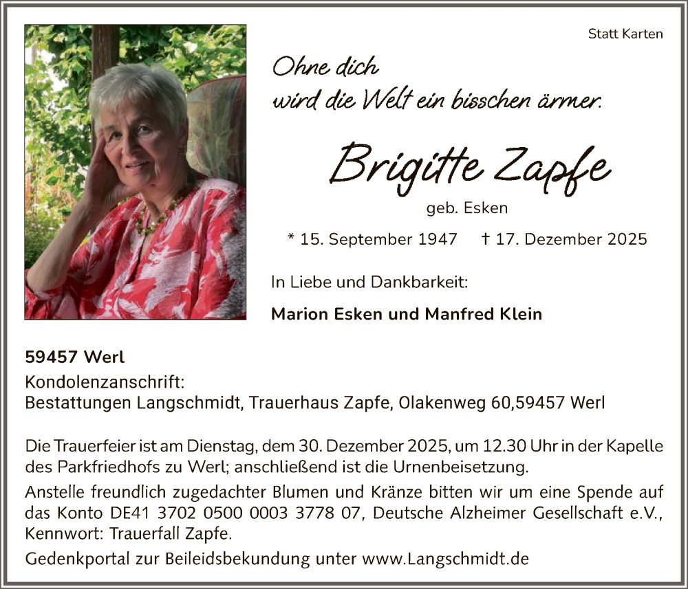  Traueranzeige für Brigitte Zapfe vom 27.12.2025 aus HASO