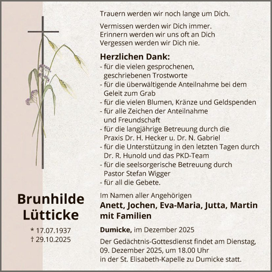 Traueranzeige von Brunhilde Lütticke von HASK