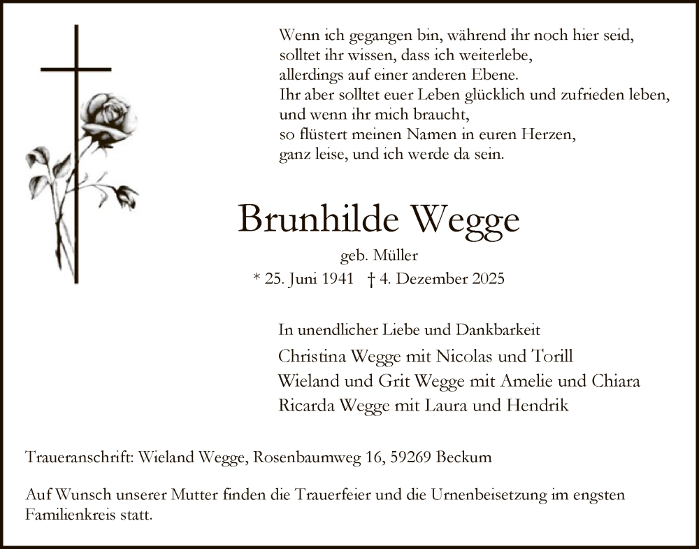  Traueranzeige für Brunhilde Wegge vom 13.12.2025 aus HALN