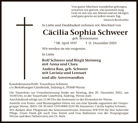 Traueranzeige von Cäcilia Sophia Schweer von HAWA