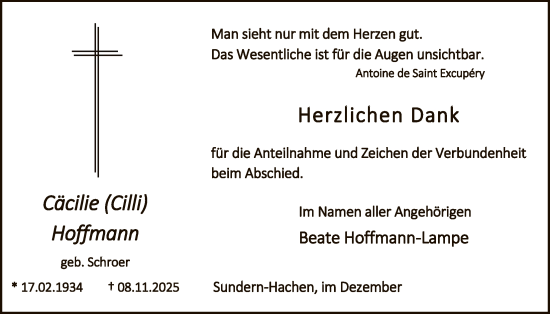 Traueranzeige von Cäcilie Hoffmann von HASK