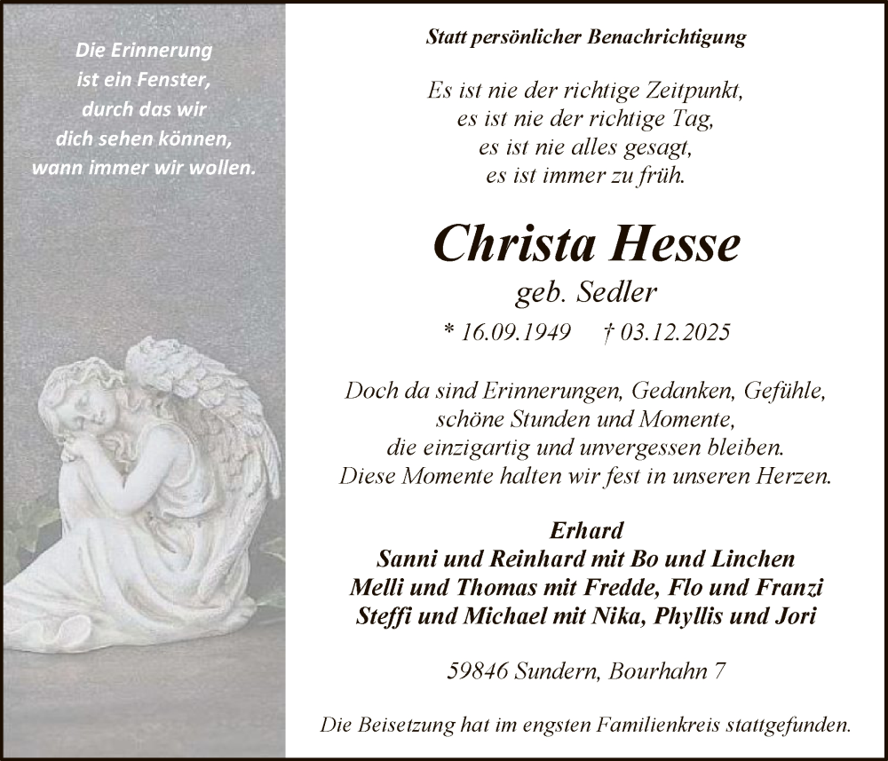  Traueranzeige für Christa Hesse vom 20.12.2025 aus HASK